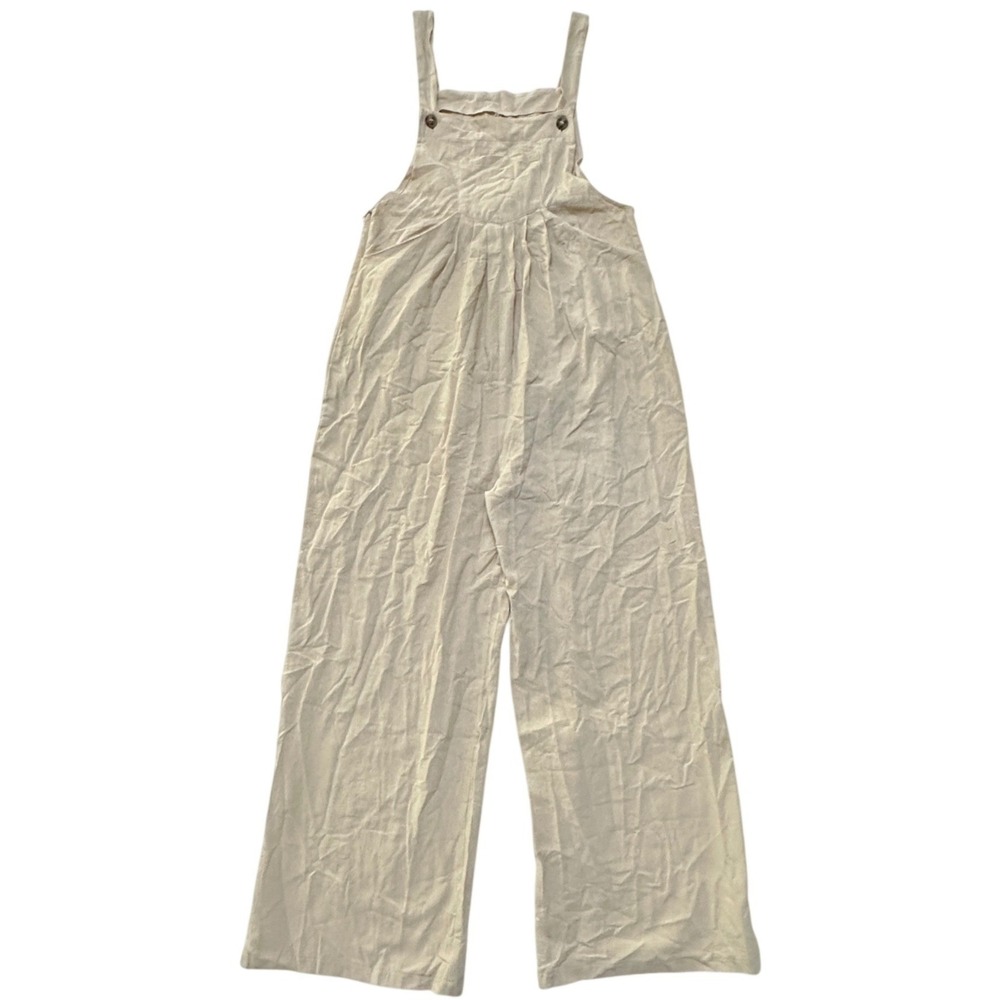 Womens Wide Leg Cotton Overalls Jumpsuit M Beige Boho Coastal Cottage Minimalist